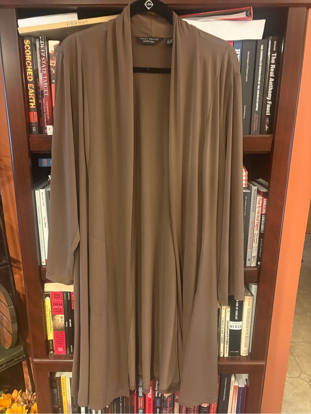 Susan Graver Brown Open Front Draped Duster Olive Color